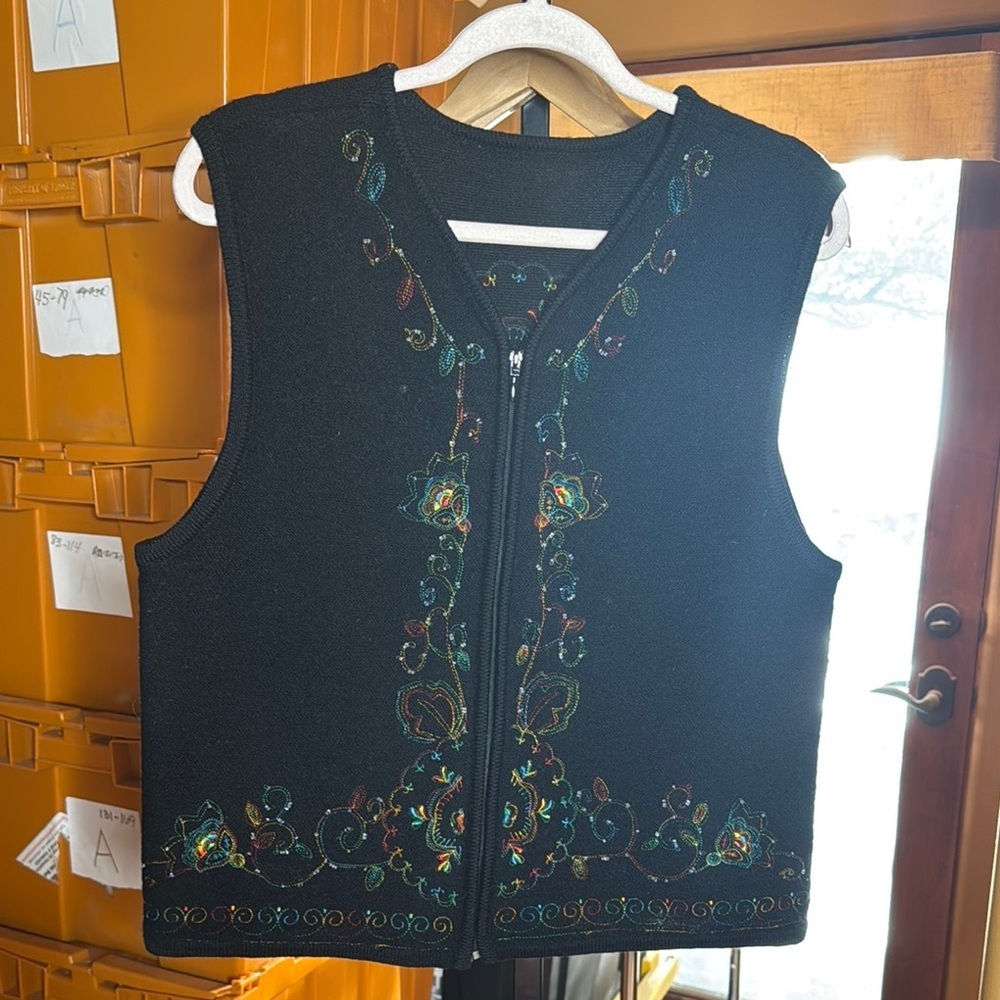 BECHAMEL Black Wool Multicolor Embroidered Zip Up Sweater Vest Womens Size Large